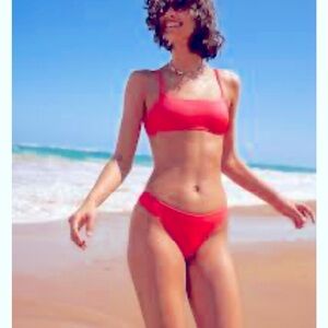 Aerie Shine Bikini Top and bottoms  bright Coral Fluorescent Large small NWT